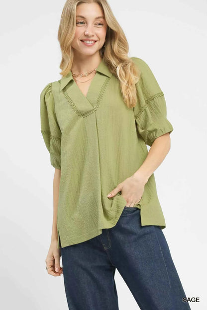 Sarah Express Women's Textured Puff Sleeve Top - Round Neck Blouse SAGE