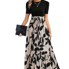 Sarah Express Women's Floral Print Maxi Dress Round Neck Short Sleeve A-Line Vacation