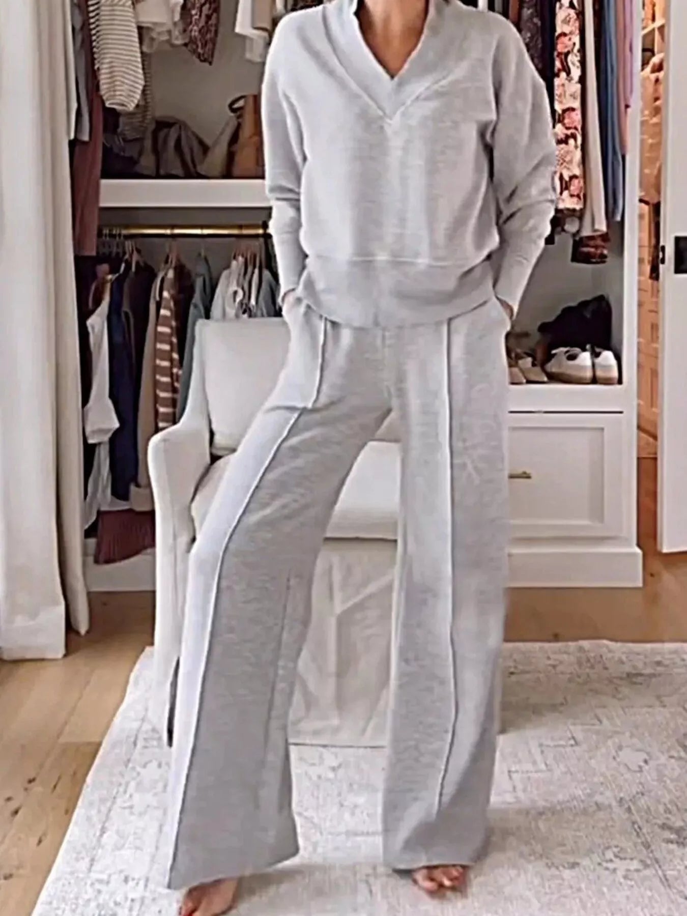 Sarah Express Women's Cozy V-Neck Top and Pants Lounge Set Gray