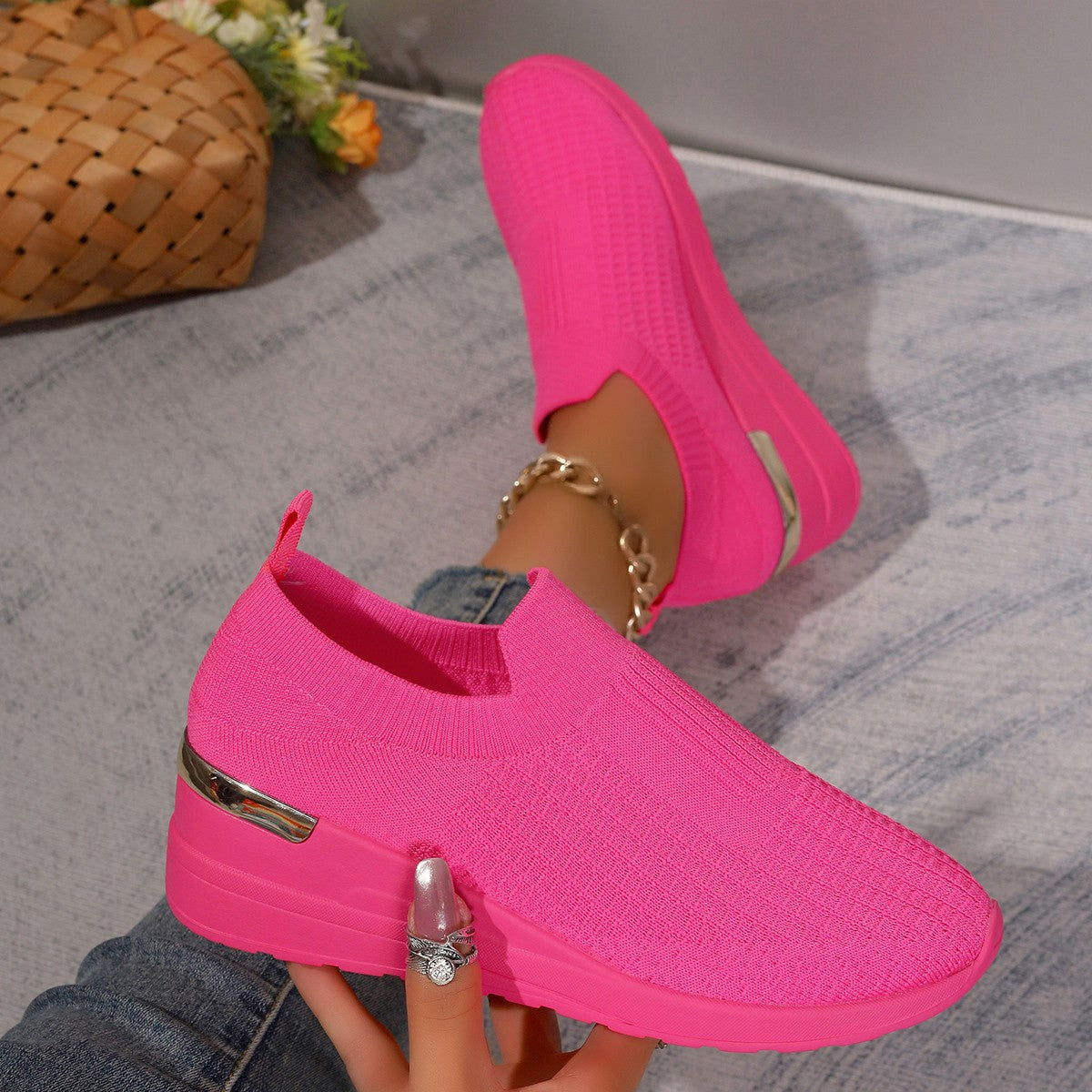 Sarah Express Women's Flyknit Mesh Breathable Wedge Sneakers | Slip-On Platform Casual Shoes