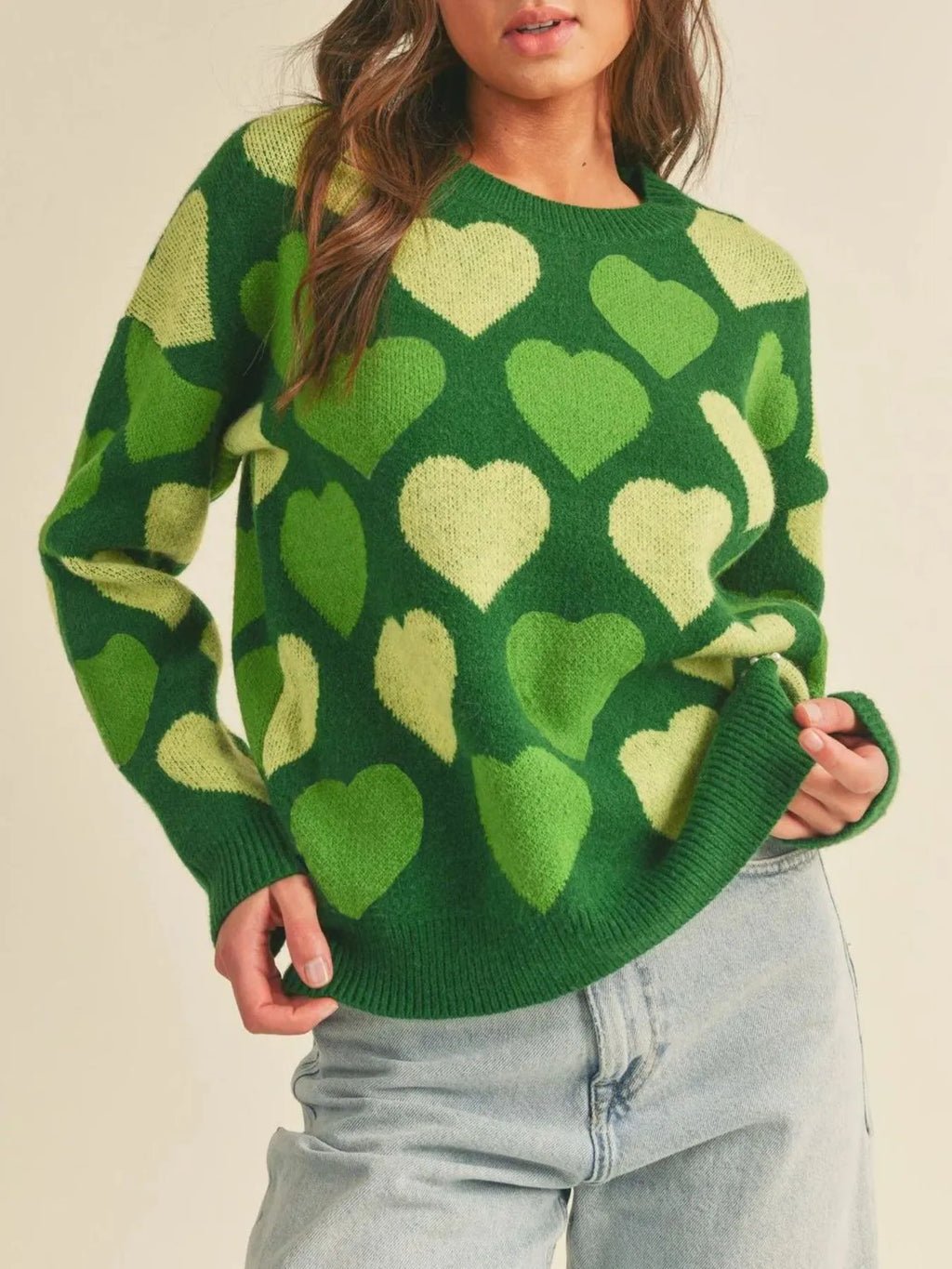 Sarah Express Women's Heart Ribbed Hem Long Sleeve Sweater Green