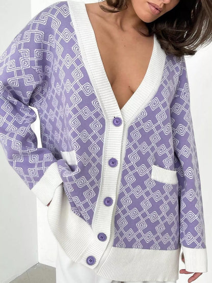 Sarah Express Women's Geometric Pattern Button-Down Cardigan with Pockets Purple rice White