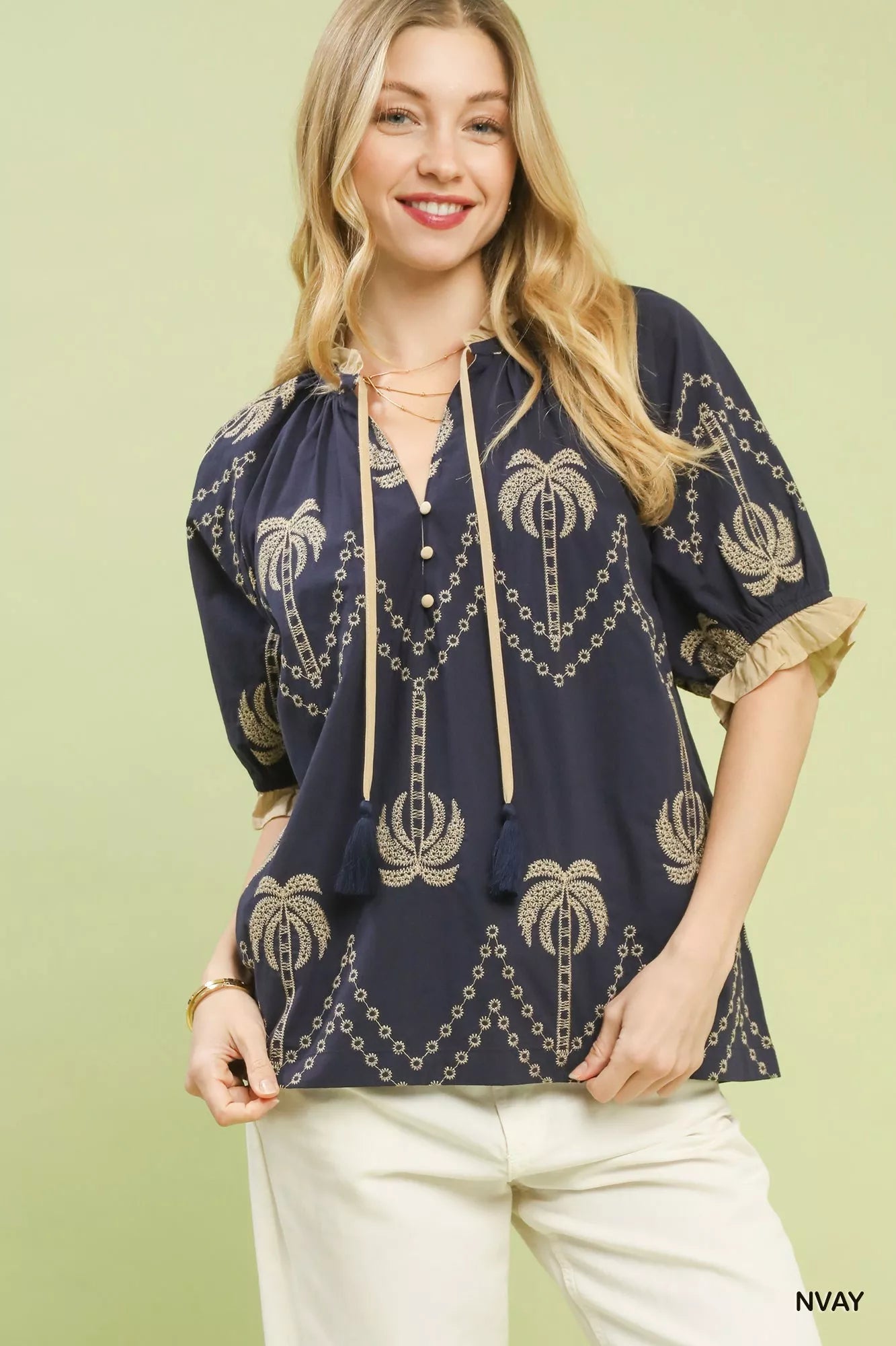 Sarah Express Women's Embroidered Palm Print Tassel Tie Blouse - Short Sleeve Tropical Summer Top NAVY