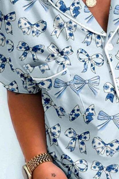 Sarah Express Women's Bow Print Button Up Pajama Set - Short Sleeve Top & Shorts