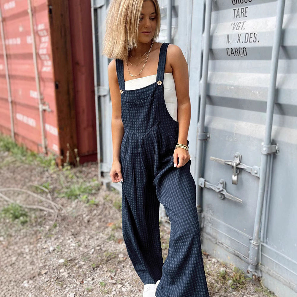 Sarah Express Women's High Waist Straight Leg Jumpsuit Sleeveless Casual Dark Blue