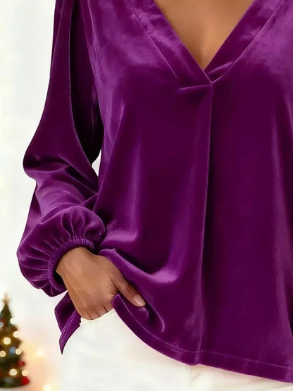 Sarah Express Women's Velvet V-Neck Balloon Sleeve Blouse