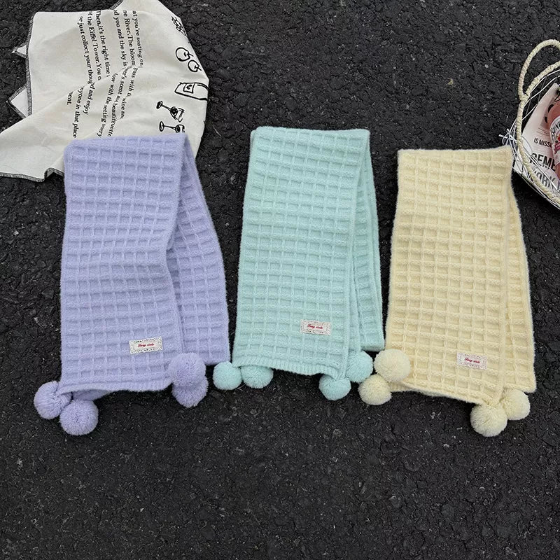 Sarah Express Women's Waffle Knit Pom-Pom Scarf - Cozy Winter Accessory