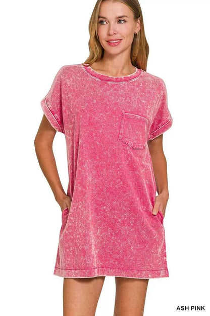Sarah Express Women's Premium Cotton Washed T-Shirt Dress with Pockets ASH PINK