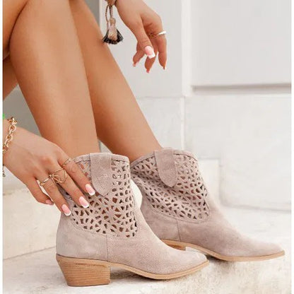 Sarah Express Womens Plus-Size Fashion Ankle Boots With Hollowed-Out Design And Chunky Heel