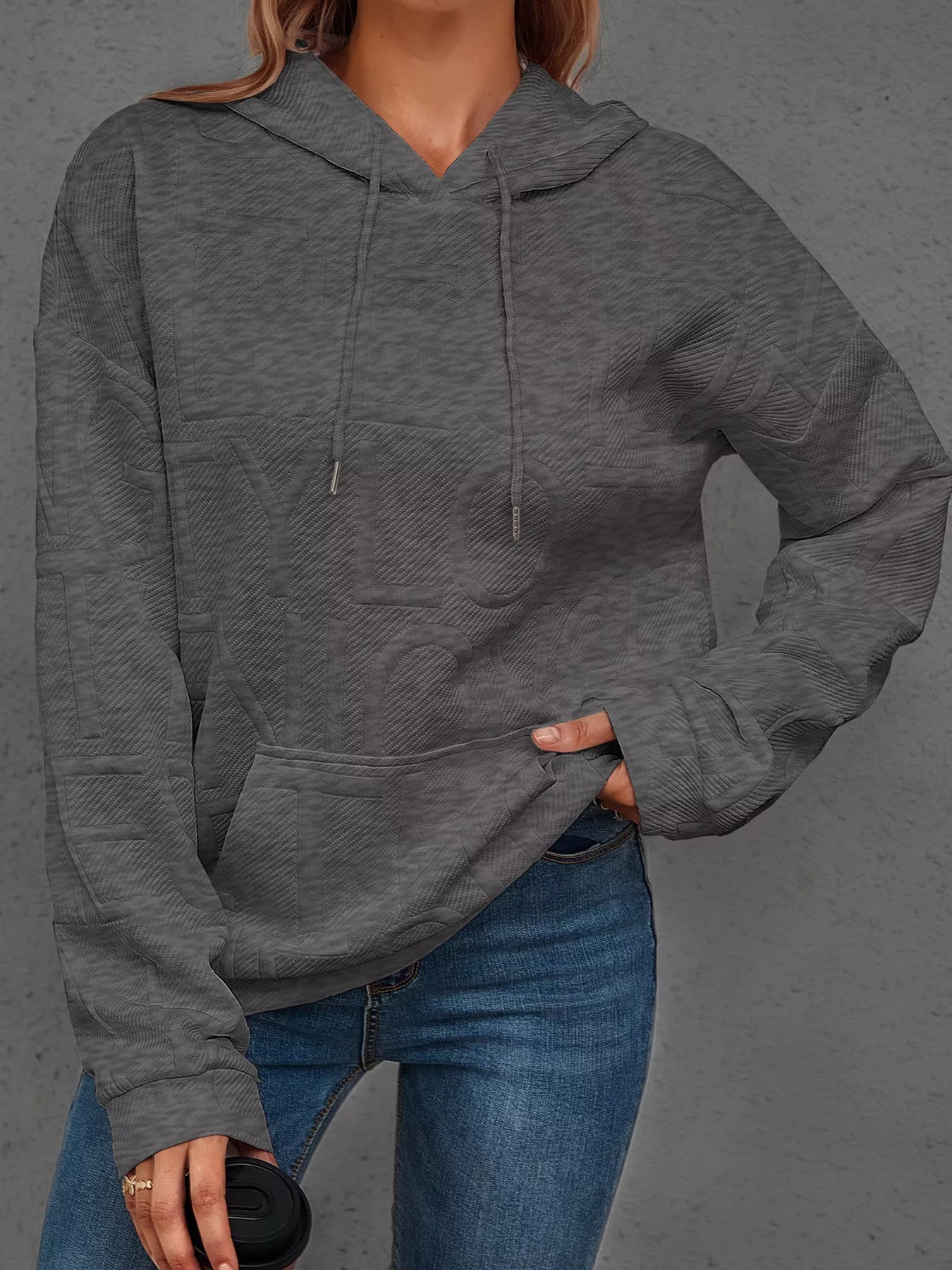 Sarah Express Women's Textured Embossed Long Sleeve Hoodie Plus Size