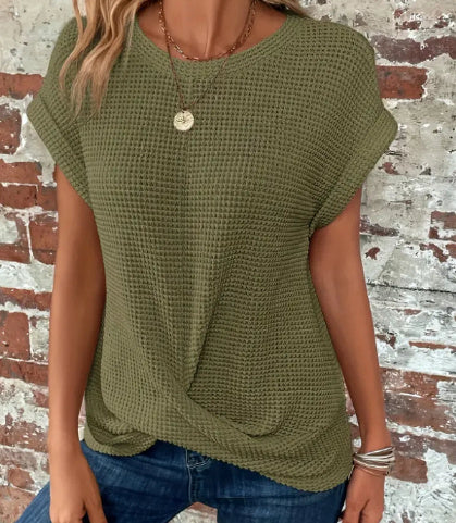 Sarah Express Women's Waffle Texture Crew Neck T-Shirt Short Sleeve Polyester Summer Top