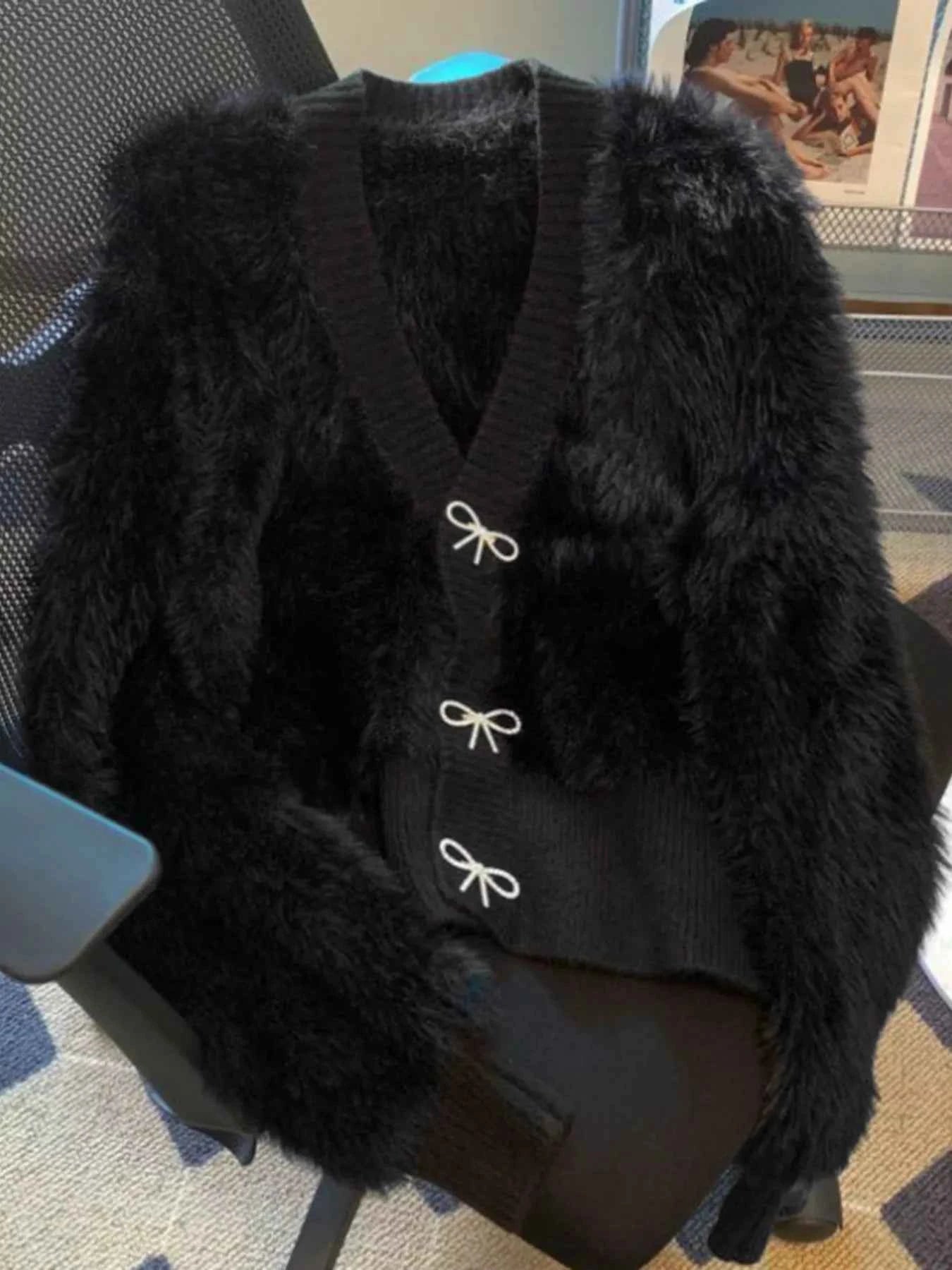 Sarah Express Women's Fuzzy Bow Button Up Cardigan - Cozy Knit Sweater Black One Size