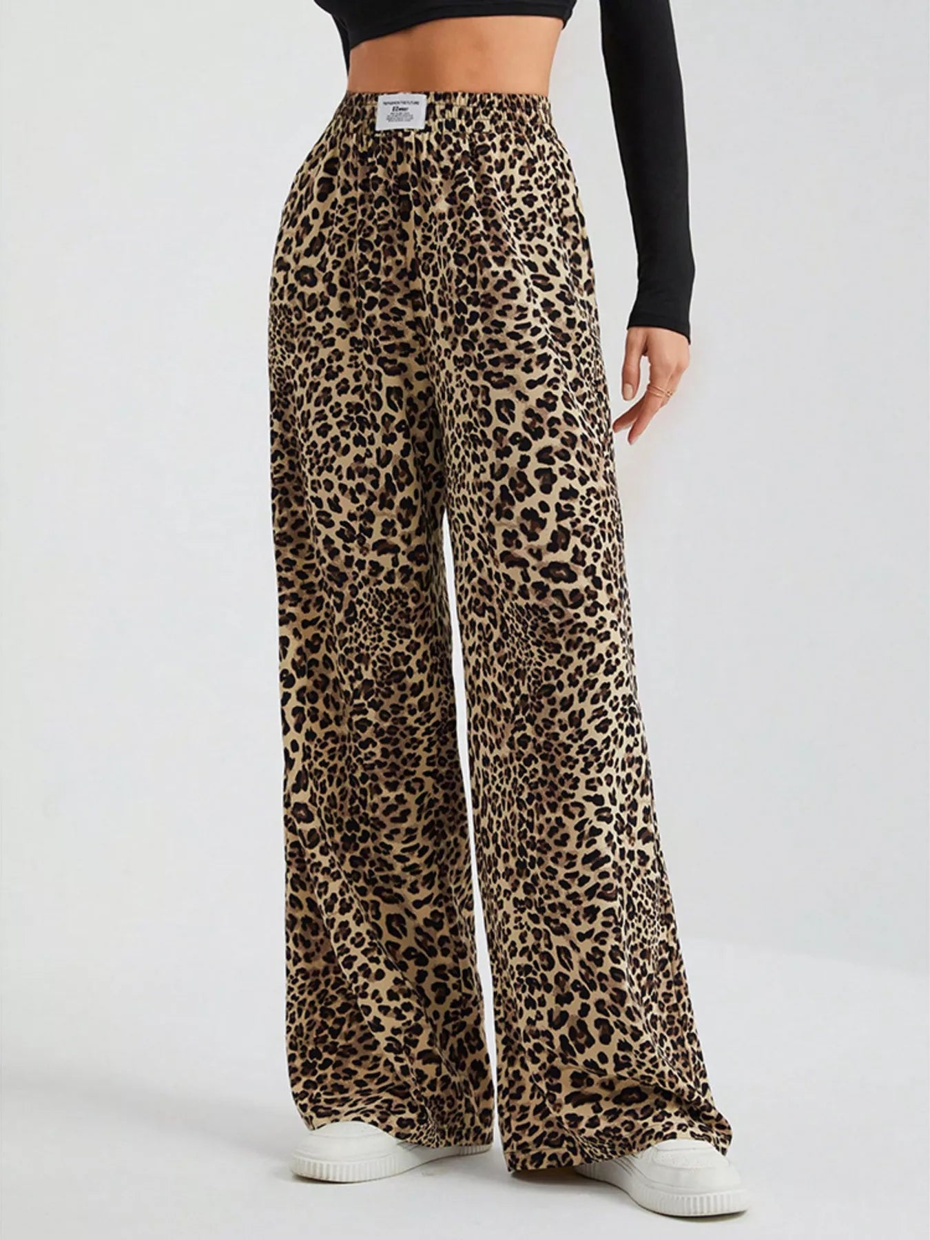 Sarah Express Women's Leopard Print Wide Leg Pants - Drawstring Casual Bottoms Leopard