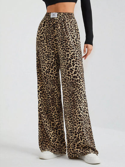 Sarah Express Women's Leopard Print Wide Leg Pants - Drawstring Casual Bottoms Leopard