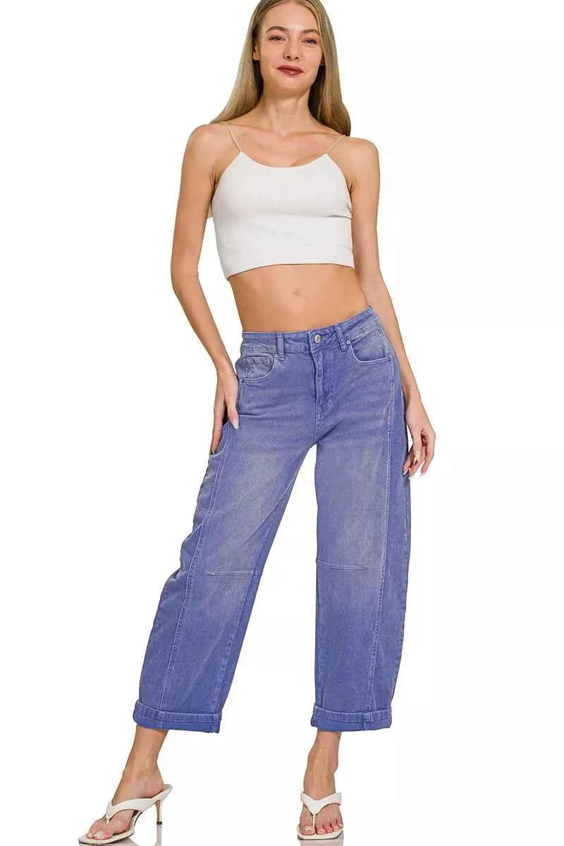 Sarah Express Women's High Rise Barrel Leg Cropped Jeans - Trendy Wide Leg Denim