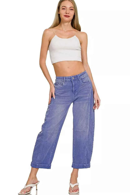 Sarah Express Women's High Rise Barrel Leg Cropped Jeans - Trendy Wide Leg Denim