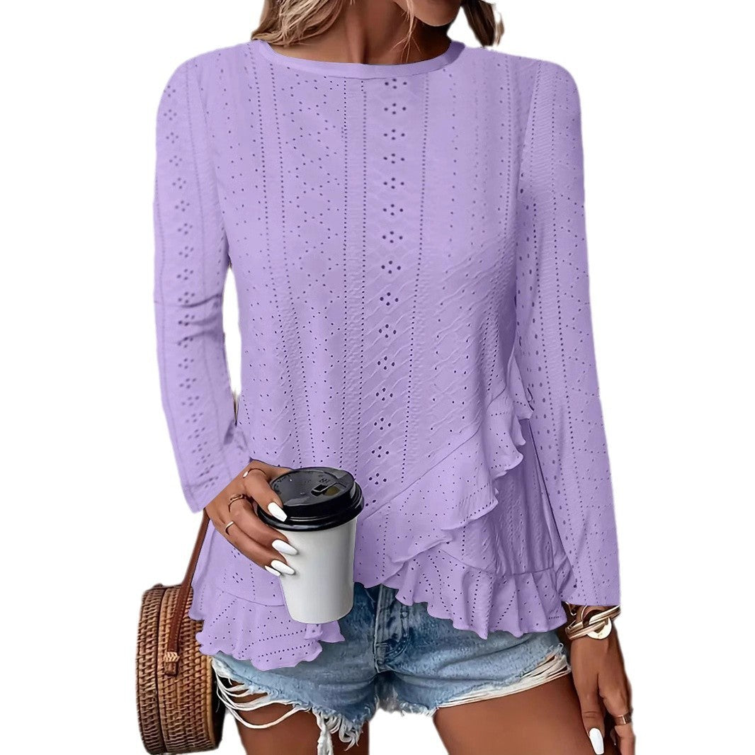 Sarah Express Women's Solid Color Long Sleeve Pullover Top Round Neck Loose Fit