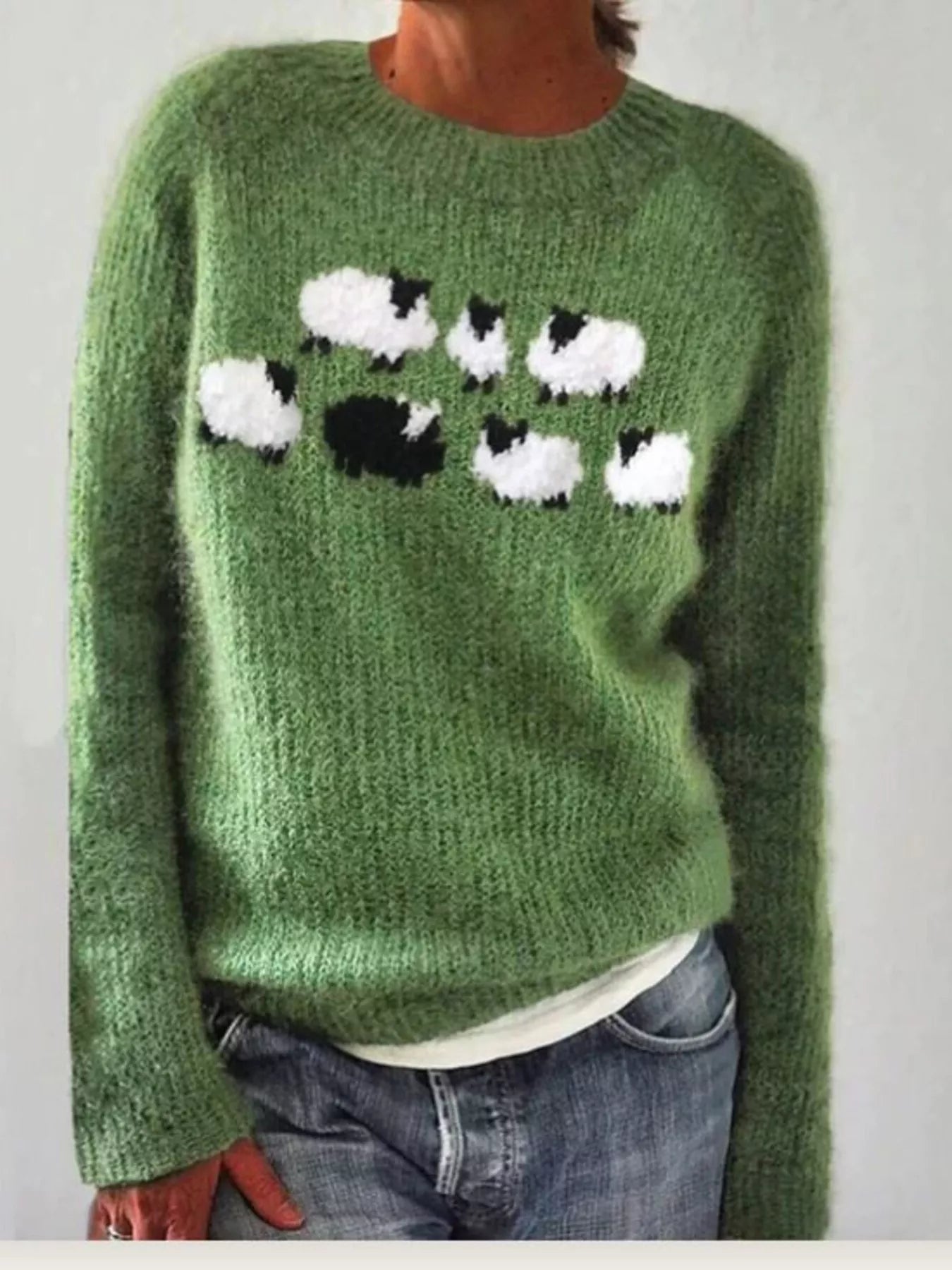 Sarah Express Women's Vintage Patterned Round Neck Sweater Plus Size Green