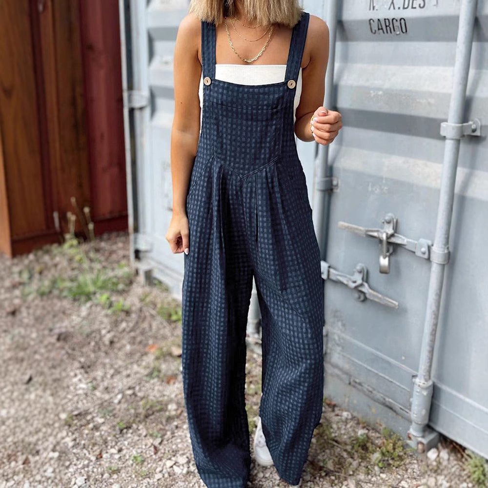 Sarah Express Women's High Waist Straight Leg Jumpsuit Sleeveless Casual Dark Blue