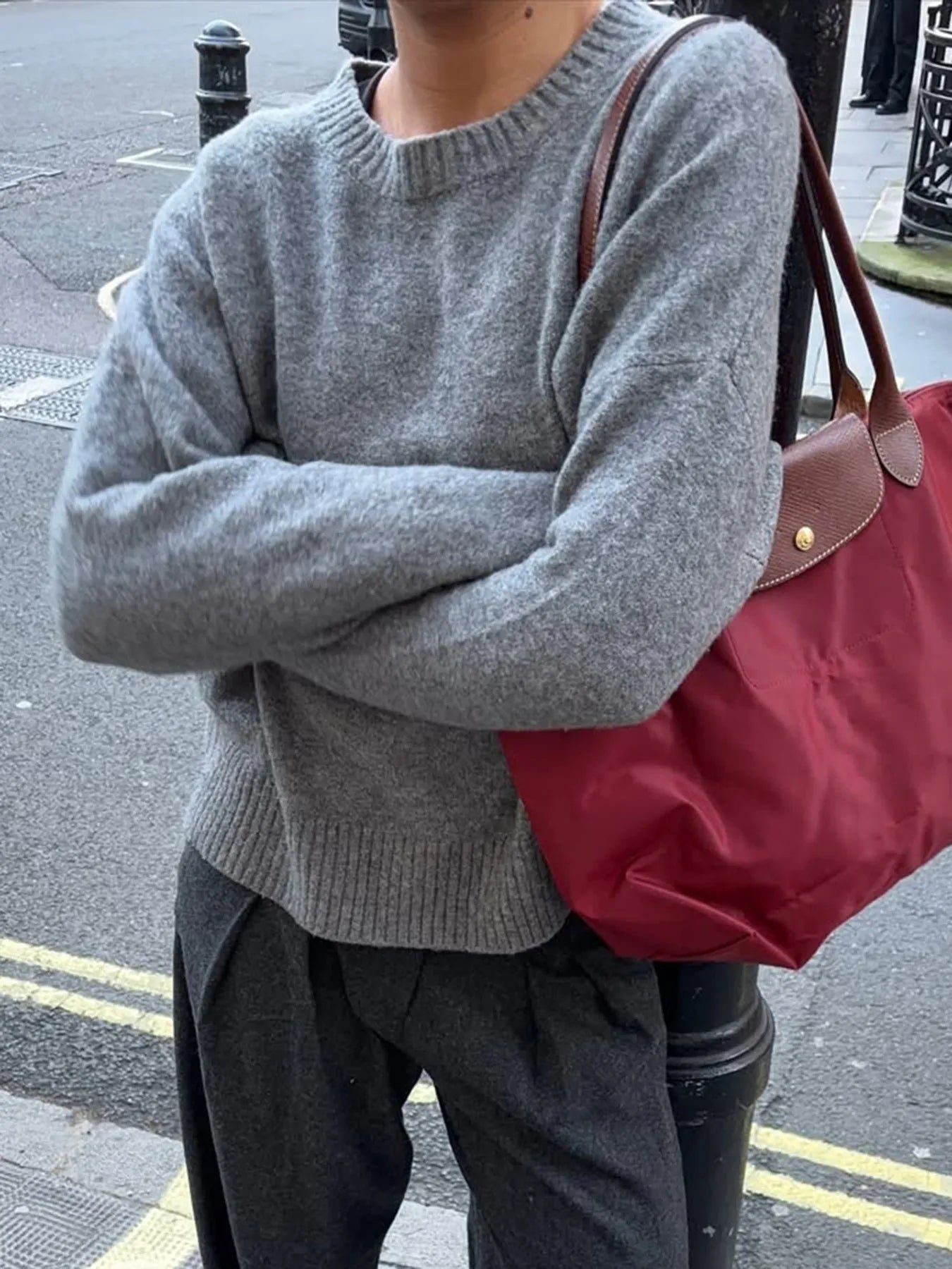 Sarah Express Women's Ribbed Crewneck Drop Shoulder Sweater - Oversized Fit Dark Gray