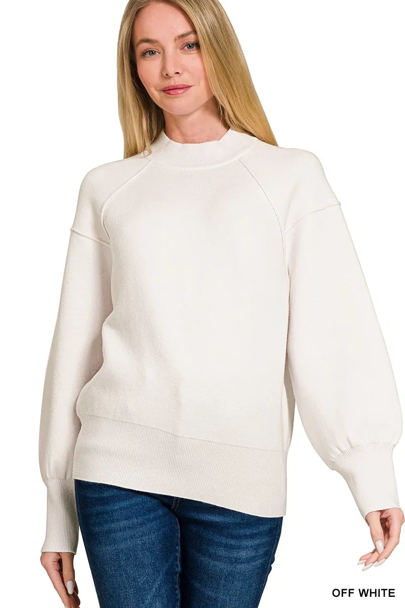 Sarah Express Women's Viscose Mock Neck Exposed Seam Sweater OFF WHITE