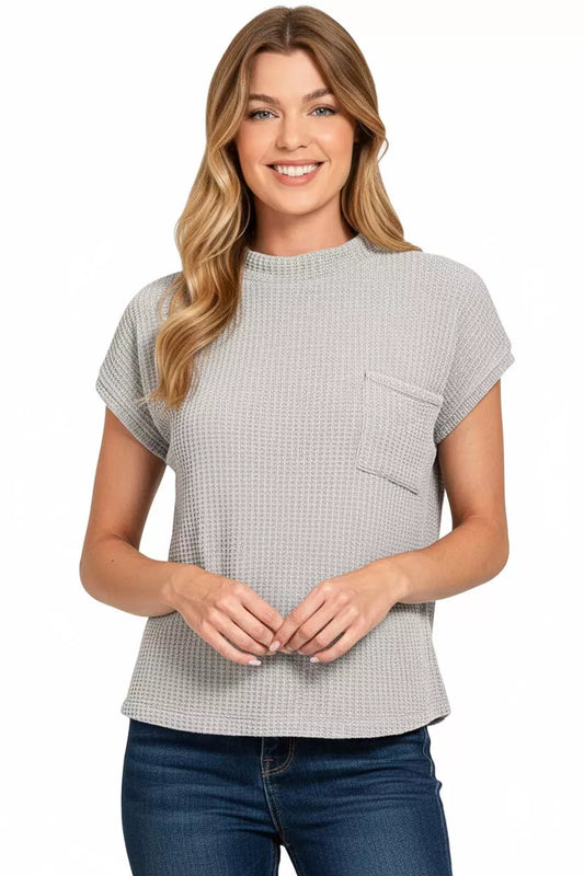 Sarah Express Women's Chenille Waffle Knit Short Sleeve Sweater H GREY