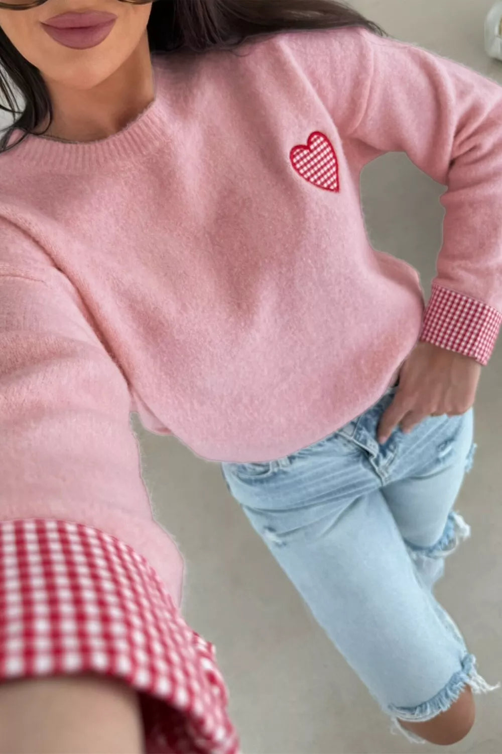 Sarah Express Women's Plaid Heart Embroidered Crew Neck Sweater - Drop Shoulder Cuffed Knit Top Dusty Pink