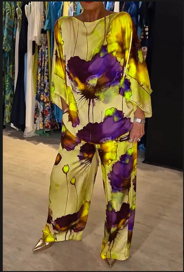 Sarah Express Women's Printed Satin Two-Piece Suit Bell Sleeve Top and Pants Set