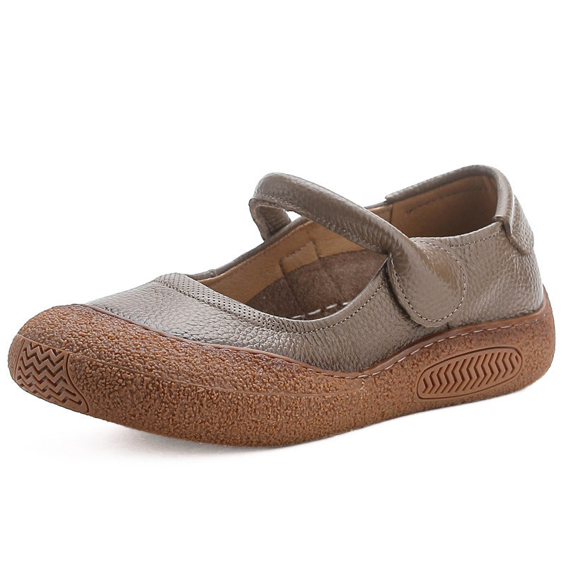 Sarah Express Women's Retro Flat Round-Toe Velcro Shoes – Genuine Leather | Black, Brown, Khaki