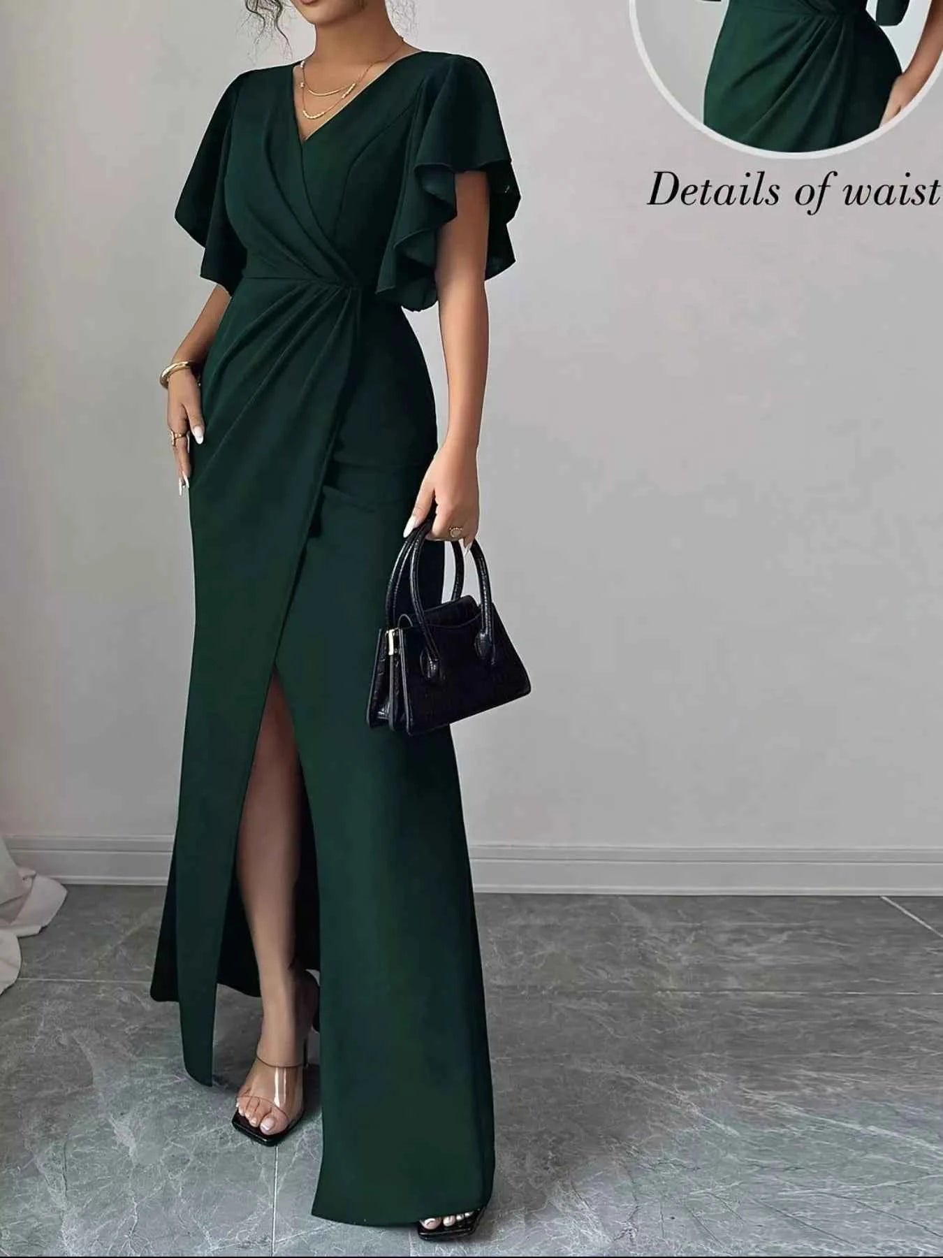 Sarah Express Women's Surplice Flutter Sleeve Maxi Dress - Ruched Slit Evening Dress