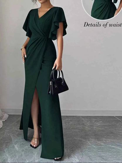 Sarah Express Women's Surplice Flutter Sleeve Maxi Dress - Ruched Slit Evening Dress