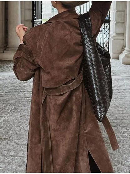 Sarah Express Women's Vintage Double Breasted Tie Waist Coat - Belted Trench Coat