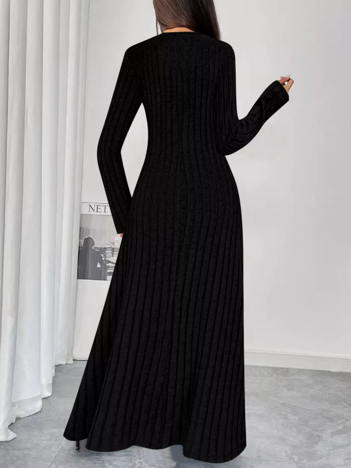 Sarah Express Women's Ribbed Knit V-Neck Maxi Dress - Button Front Long Dress