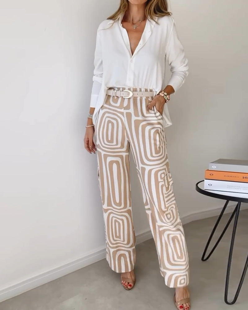 Sarah Express Women's 2-Piece Suit Set Lapel Shirt Wide Leg Pants Printed