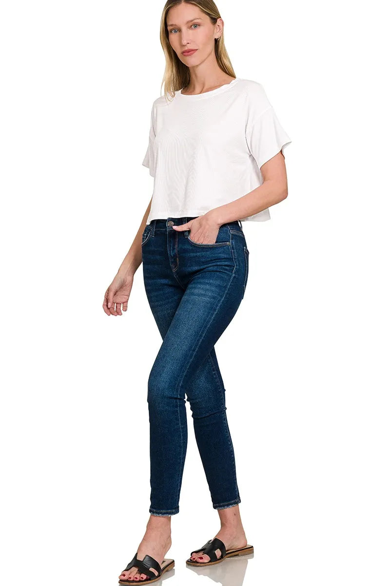Sarah Express Women’s Ribbed Round Neck Cropped T-Shirt Casual