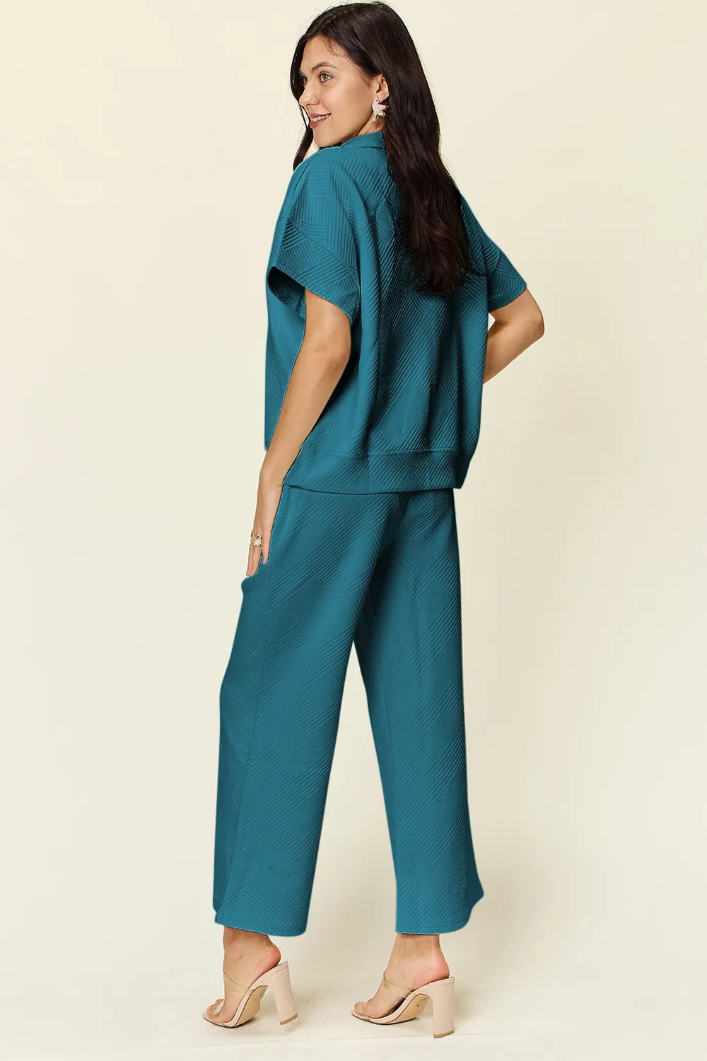 Sarah Express Women’s Plus Size Textured Half Zip Top and Pants Set

