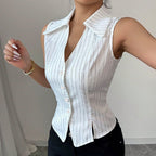 Sarah Express Striped Sleeveless Button-Down Blouse Slim Fit