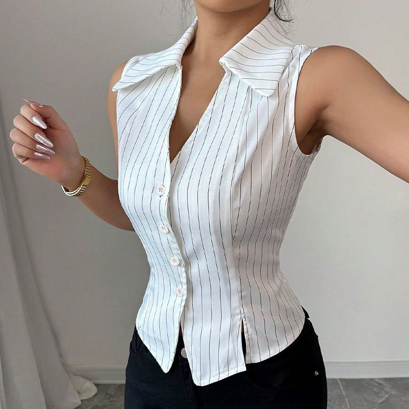 Sarah Express Striped Sleeveless Button-Down Blouse Slim Fit