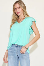 Sarah Express Women’s Plus Size Bamboo T-Shirt with Notched Neck and Ruffle Sleeves