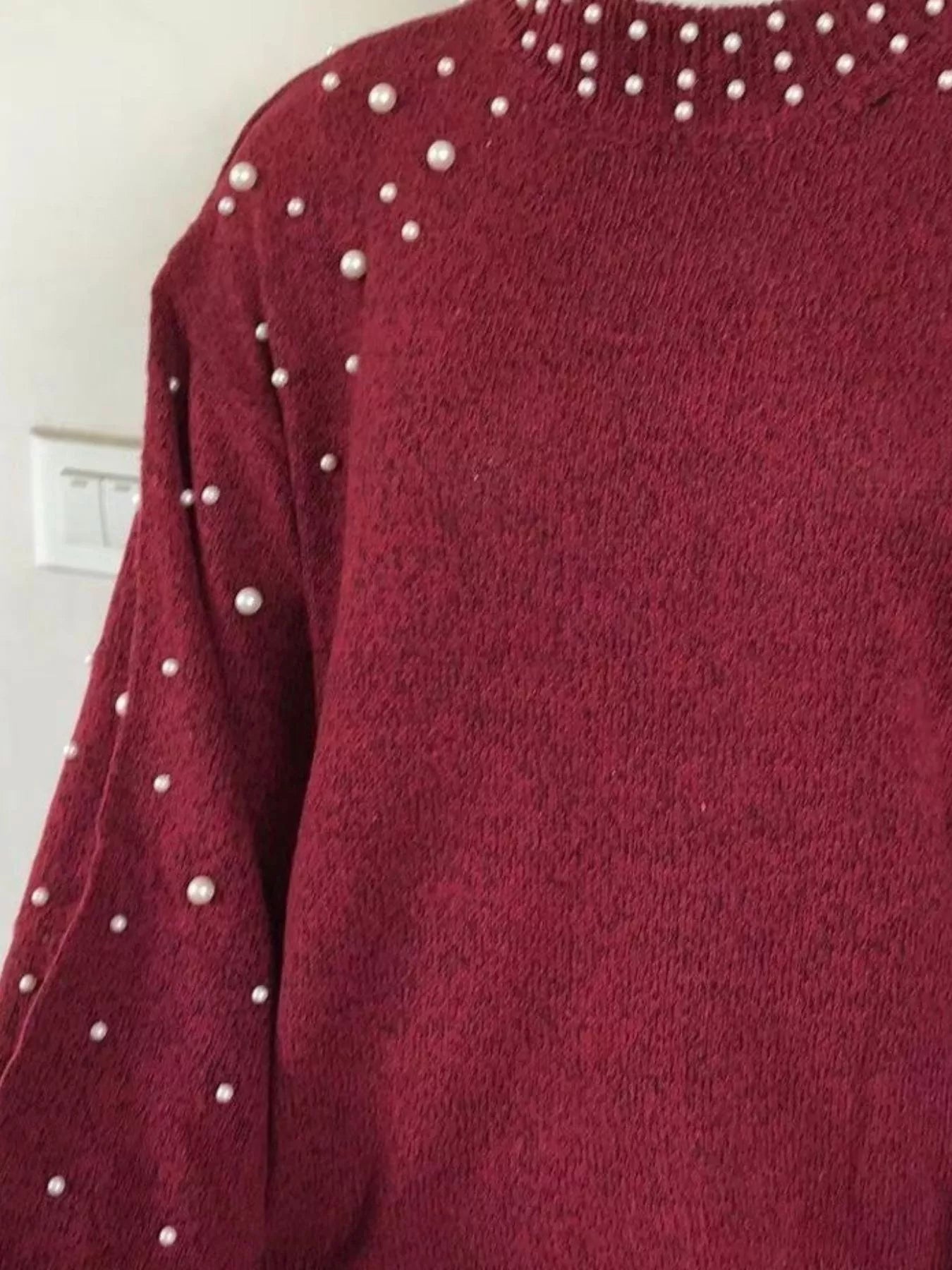 Sarah Express Women's Pearl-Embellished Mock Neck Sweater Wine Red