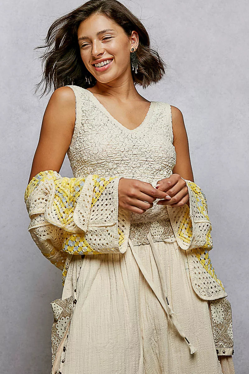 Sarah Express Women's Open Front Crochet Cardigan with Granny Square Pattern