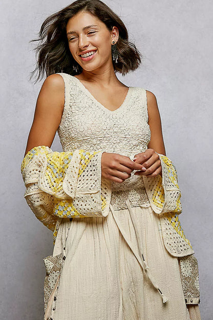 Sarah Express Women's Open Front Crochet Cardigan with Granny Square Pattern