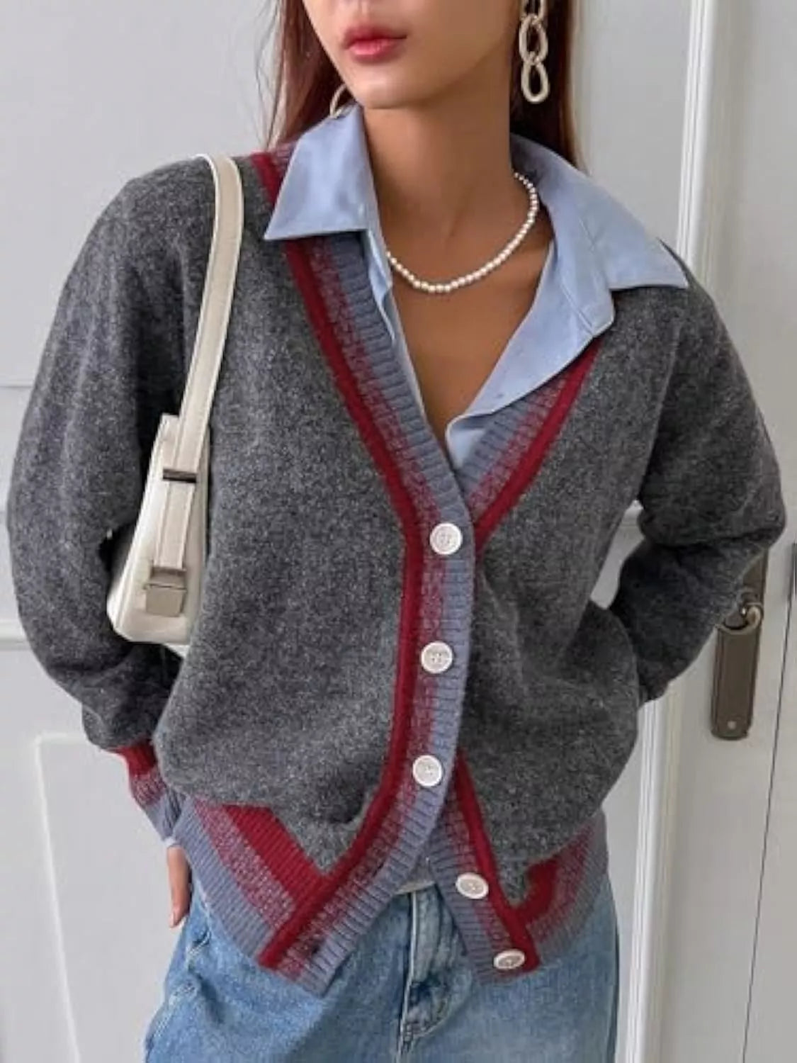 Sarah Express Women's Striped Trim Button-Up Knit Cardigan