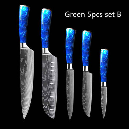 Sarah Express Professional 8-Inch Chef Knife with Blue Resin Handle - Premium Stainless Steel Kitchen Knife Green 5pcs set B