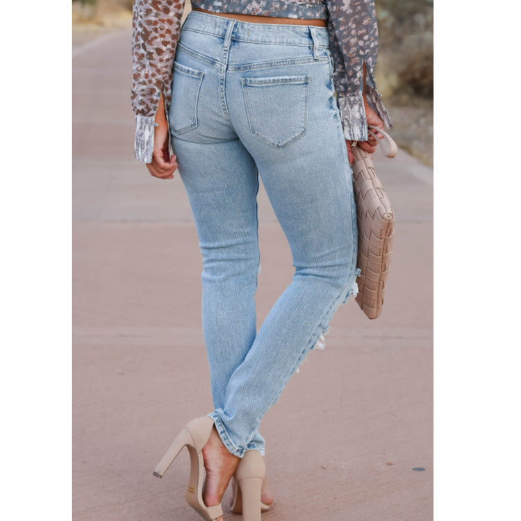 Sarah Express Women's Distressed Skinny Pants Mid Waist Cotton Ripped Denim Trousers Street Style