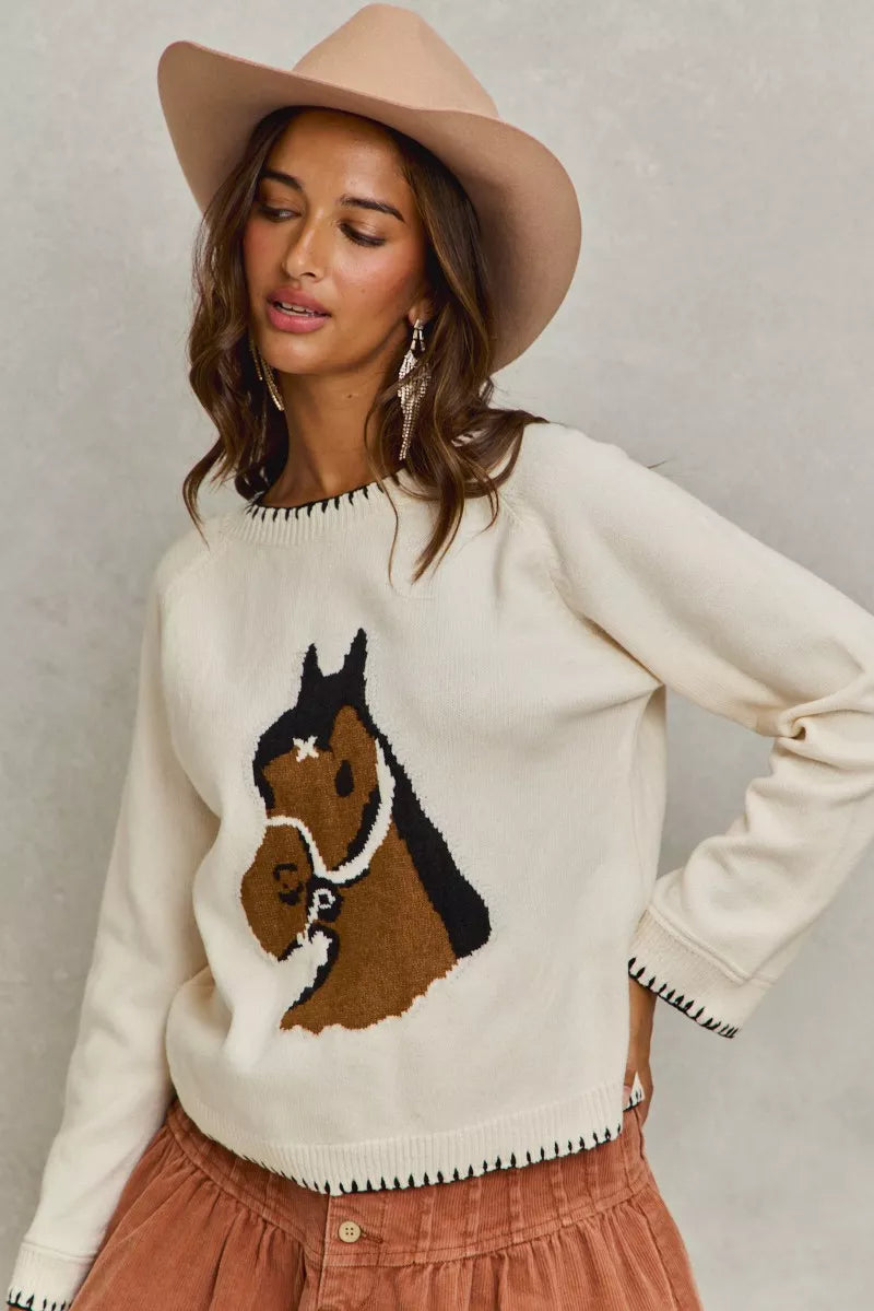 Sarah Express Women's Horse Knit Sweater Top - Cozy Blanket Stitch Pullover
