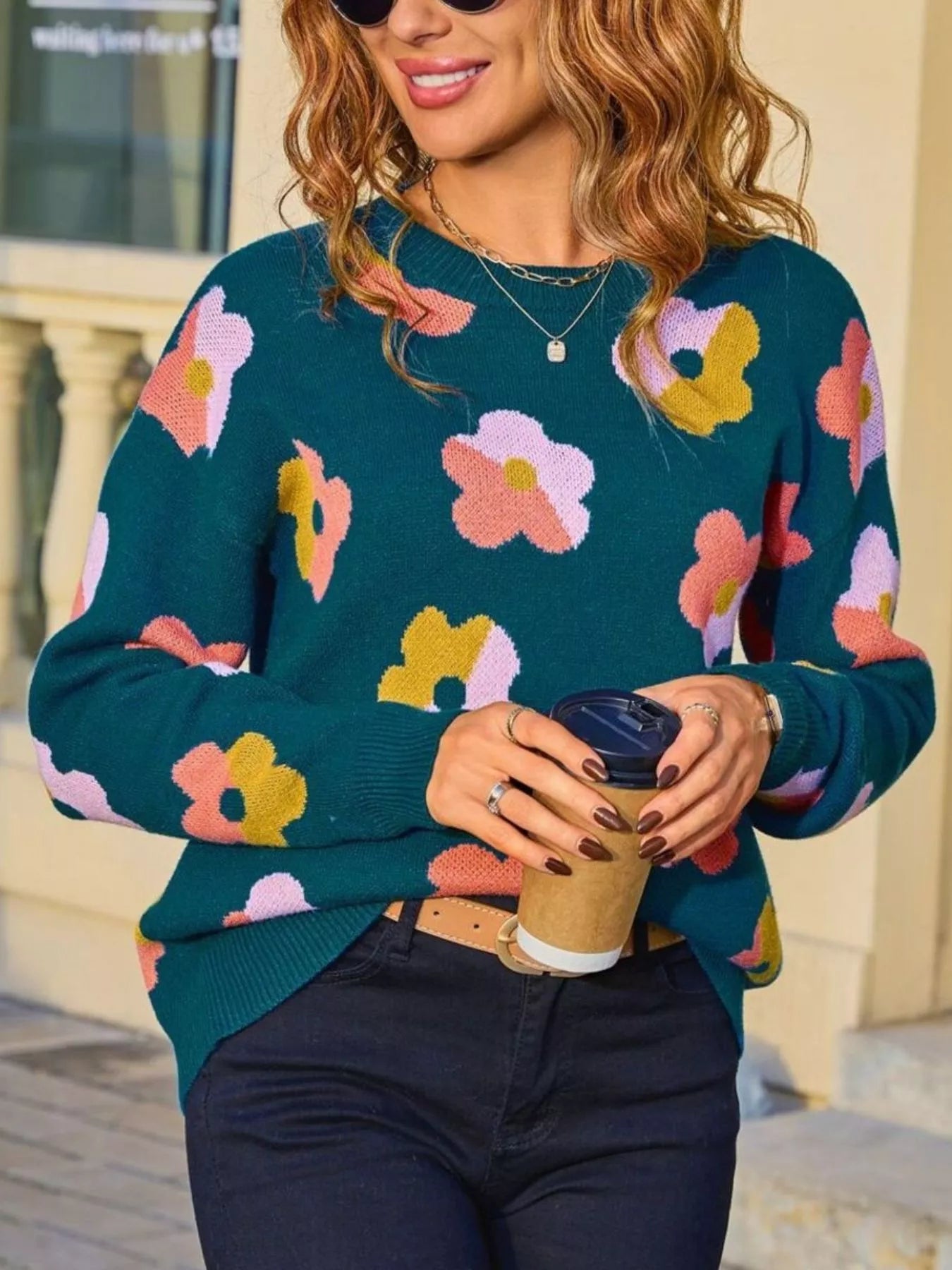 Sarah Express Women's Floral Crew Neck Long Sleeve Sweater