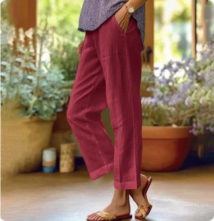 Sarah Express Women's Cotton Straight Leg Pants - Casual Mid-Waist Loose Fit Trousers