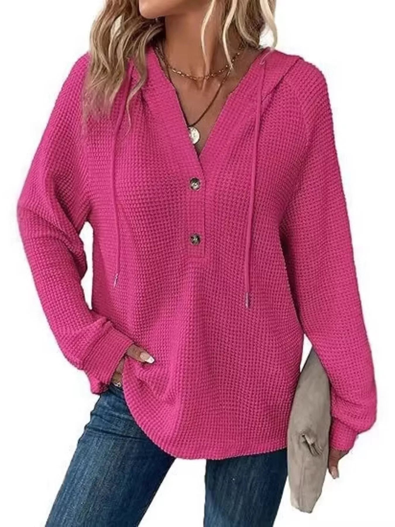 Sarah Express Women's Button Detail Waffle Knit Hoodie - Plus Size Drawstring Pullover with Pockets Fuchsia Pink