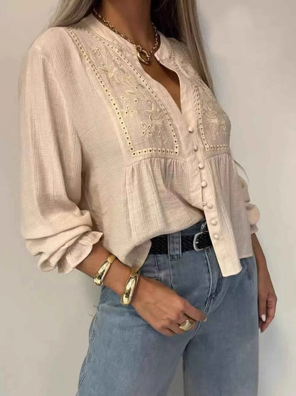 Sarah Express Women's Embroidered Button-Down Shirt - Long Sleeve Collared Blouse Apricot